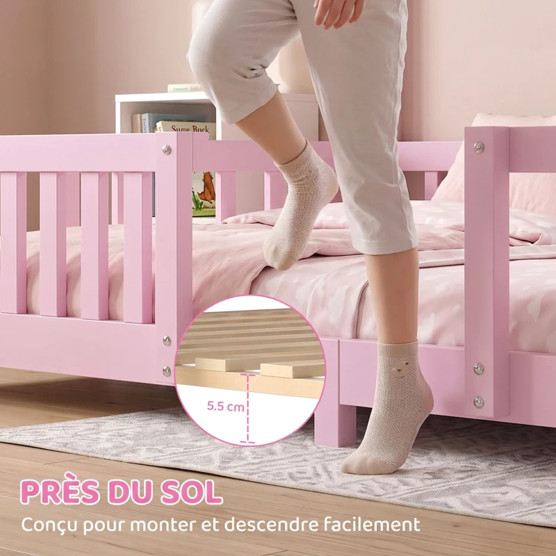 AIYAPLAY Lit Cabane Enfant 90x200 cm, Lit Enfant en Forme de Maison avec Barrières de Sécurité et Sommier à Lattes Solides, Rose