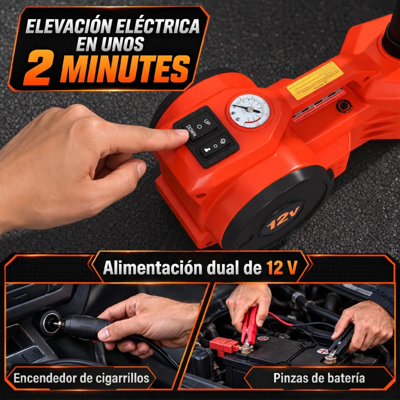 HOMCOM Kit de Gato Hidráulico Eléctrico 12V 5T Elevación 15,5-45 cm Bomba Aire Llave Hexagonal y Maletín Reflectante Naranja