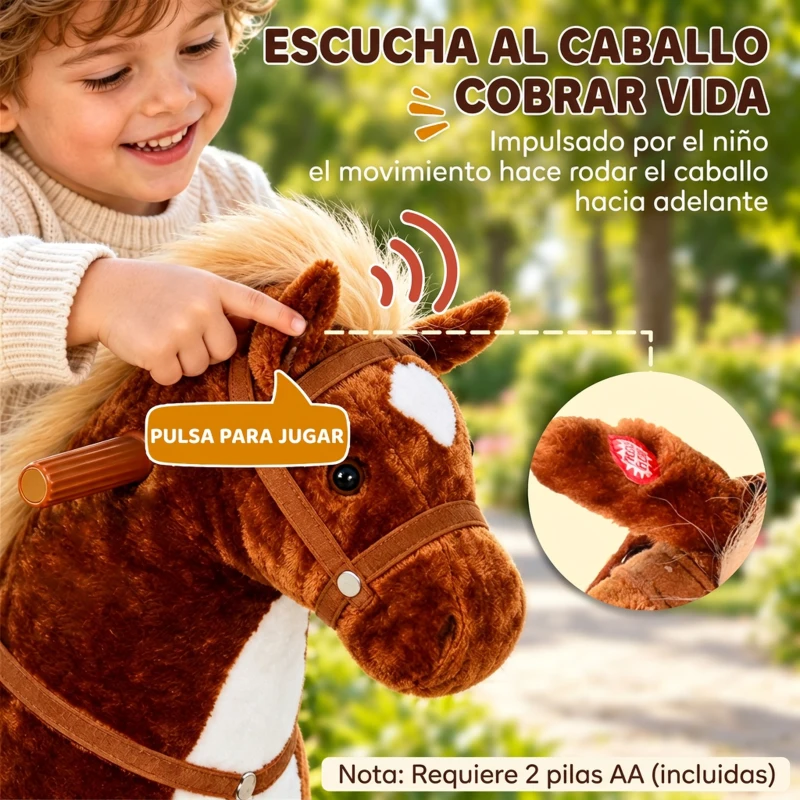 HOMCOM Caballo de Juguete para Niños de +2 Años con Ruedas Sonidos y Estructura de Metal Carga 60kg 65x28x75 cm Marrón