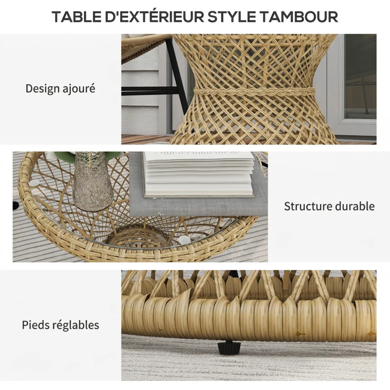 Outsunny Table basse d'extérieur table de jardin style tambour plateau en verre trempé résine tressée imitation rotin marron