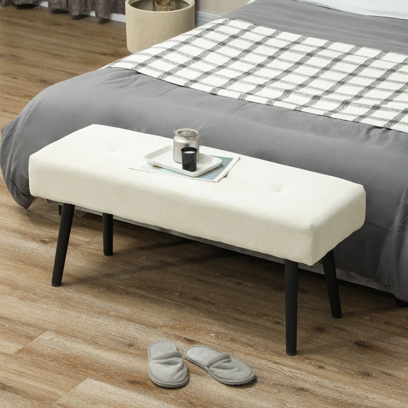 HOMCOM Banco Pie de Cama Tapizado en Pana con Asiento Acolchado Diseño Capitoné y Patas de Acero para Dormitorio Blanco Crema