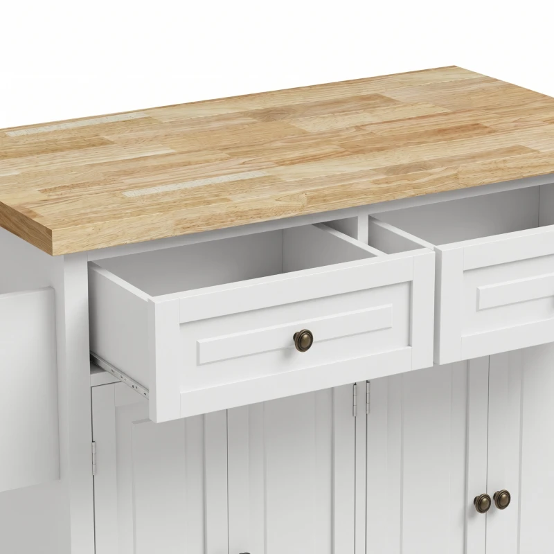 HOMCOM Îlot Central Cuisine avec Plateau en Hévéa, Desserte de Cuisine sur Roulettes avec 2 Tiroirs, 111 x 44,5 x 82,5cm, blanc