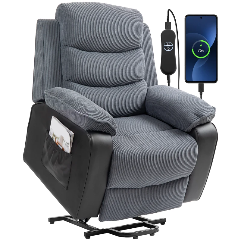 HOMCOM Aufstehsessel mit weichem Cordbezug, Recliner-Sessel mit Fernbedienung und Seitentaschen, Dunkelgrau