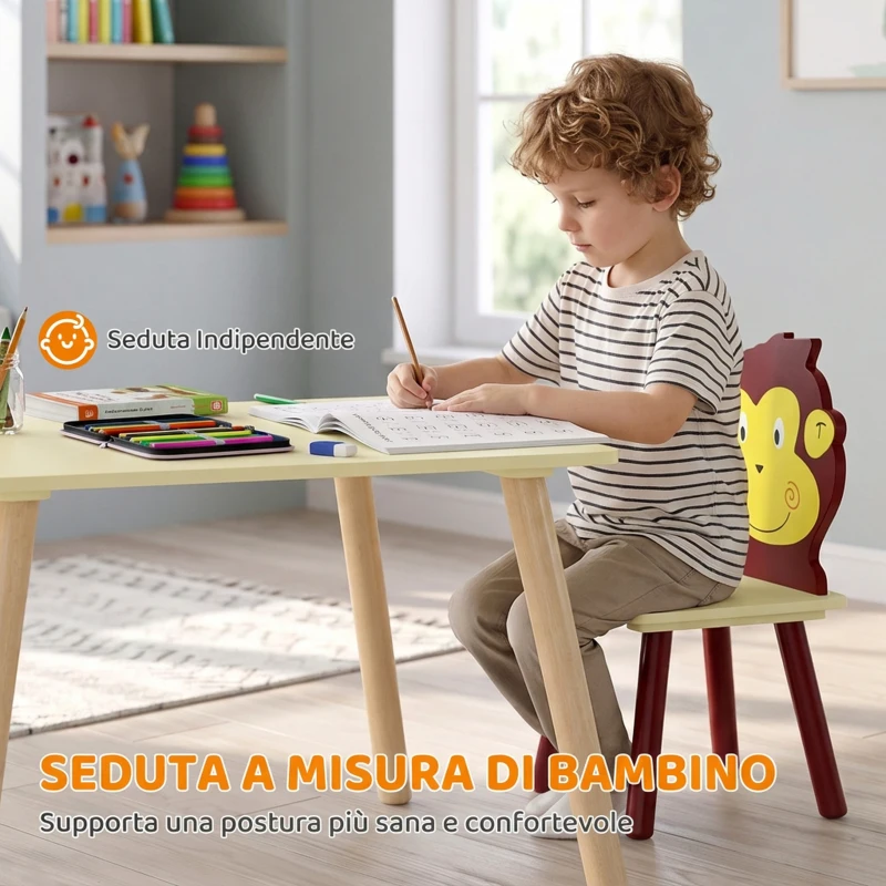 AIYAPLAY Set Tavolo e 4 Sedie per Bambini 3-8 Anni, Design di Animali, Gambe in Legno di Pino, per Cameretta, Giallo