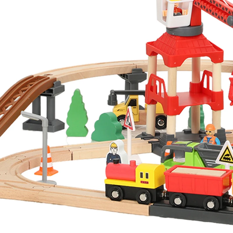 AIYAPLAY 91-delige houten treinset met kraan, treinen, bouwvoertuigen, rails en brug voor kinderen vanaf 3 jaar