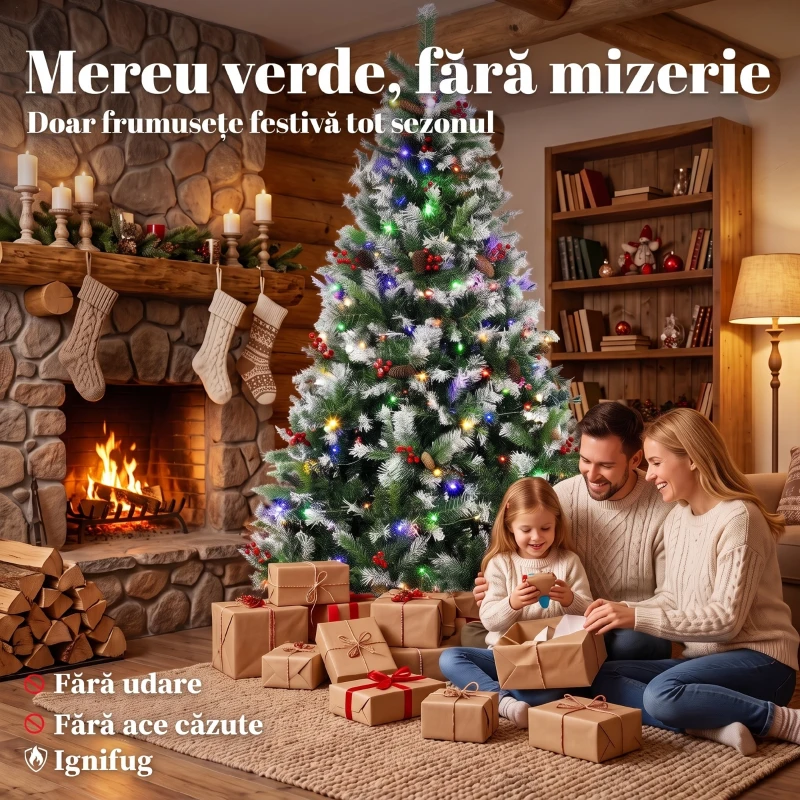 HOMCOM Brad de Crăciun Înzăpezit 210 cm, 400 de Lumini LED Bicolore, Telecomandă, 11 Modalități, 1253 de Ramuri, Conuri de Pin, Fructe Roșii