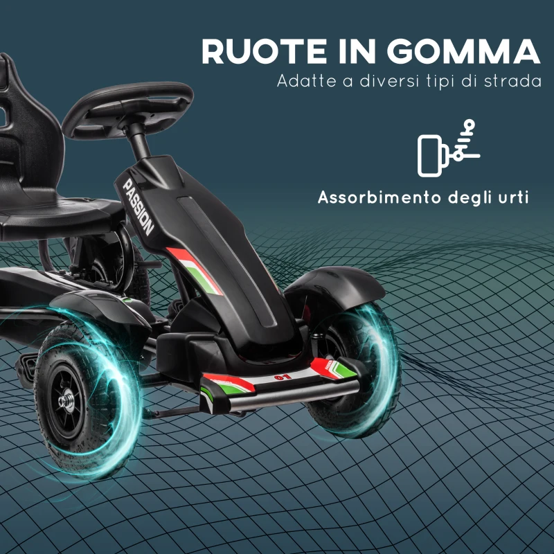 HOMCOM Go Kart a Pedali per Bambini 5-12 Anni in PP e Metallo Nero con Sedile Regolabile e Freno a Mano, 117x58x61 cm