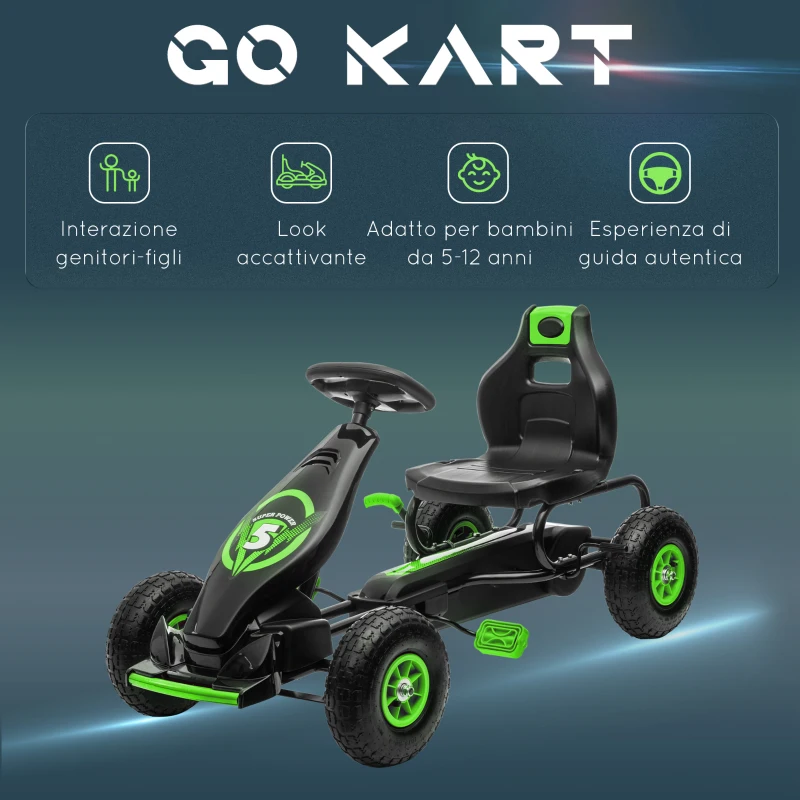HOMCOM Go Kart a Pedali per Bambini 5-12 Anni con Sedile Regolabile, in Metallo e PP 117x58x61 cm, Verde e Nero