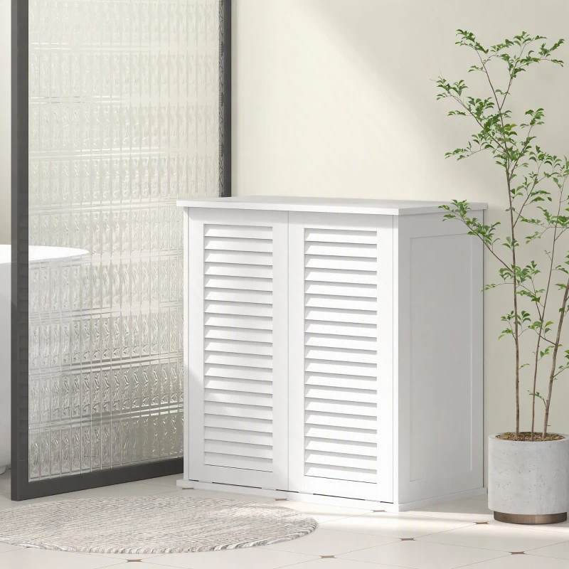 HOMCOM Meuble salle de bain avec panier à linge armoire salle de bain en bois portes persiennes 2 paniers 70 x 38 x 73 cm blanc