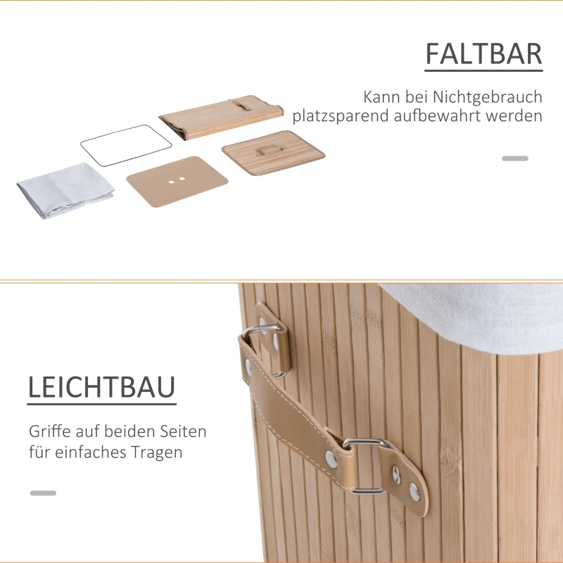 HOMCOM Wäschekorb schmal mit Deckel Wäschesammler 72L mit Griff für Waschküche Schlafzimmer Natur