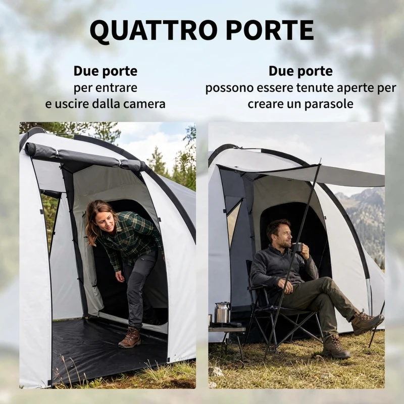 Outsunny Tenda da Campeggio 5 Posti con 2 Camere Impermeabile con Baldacchino, 590x245x193 cm, Grigio