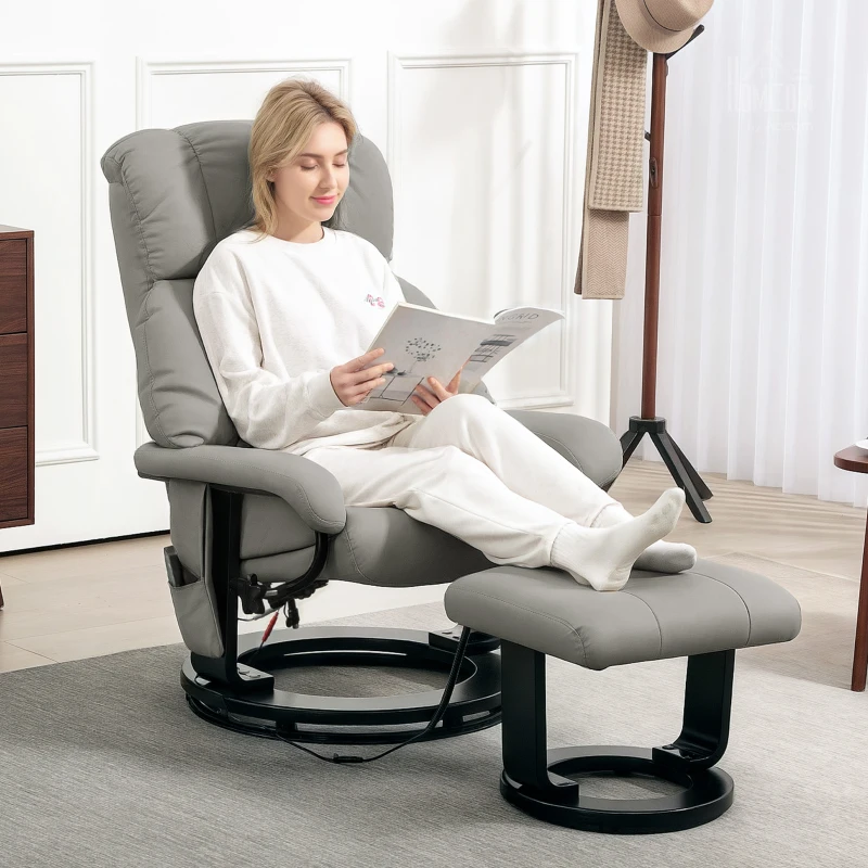 HOMCOM Relaxsessel Massagefunktion Fernsehsessel mit Seitentasche, Kunstleder, Grau(m-2)