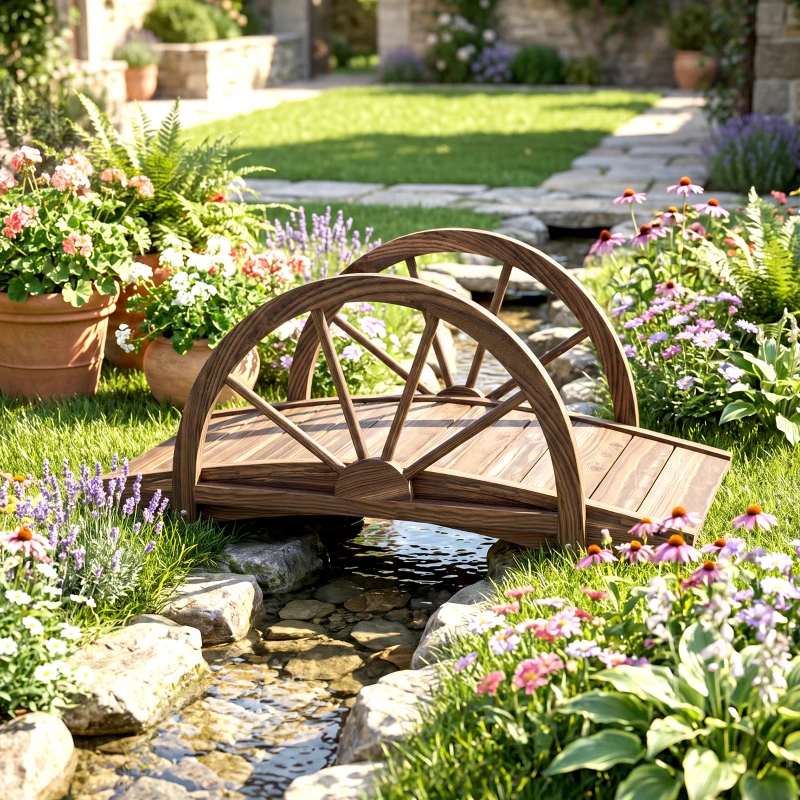 Outsunny Pont de jardin en bois, avec balustrade à demi-roues charge max. 150 KG, 100 x 50 x 37 cm, marron