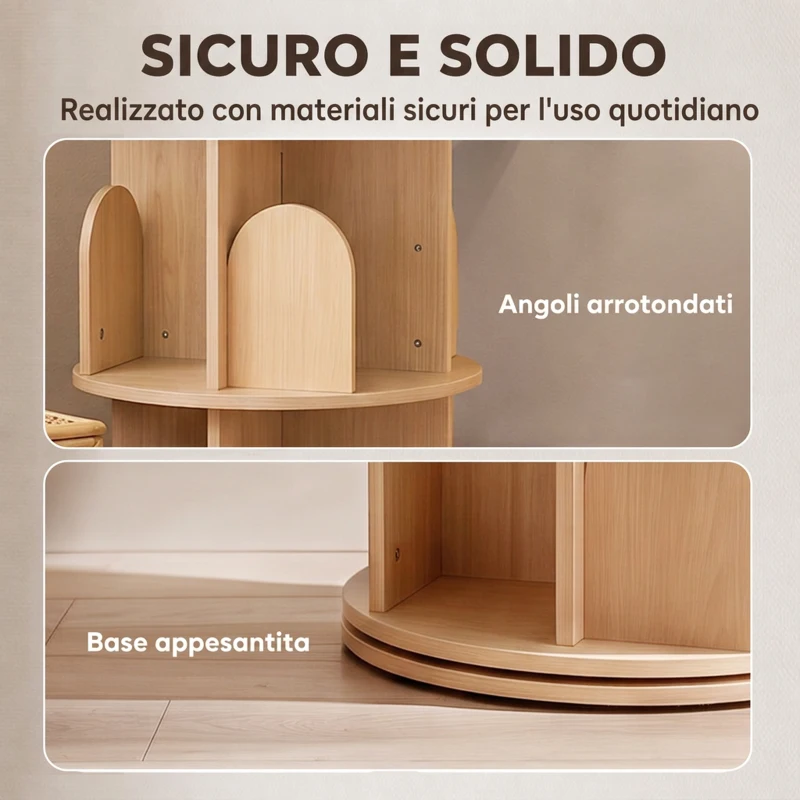 AIYAPLAY Libreria Girevole per Bambini a 3 Livelli, Angoli Arrotondati, 46x46x97 cm, Color Legno
