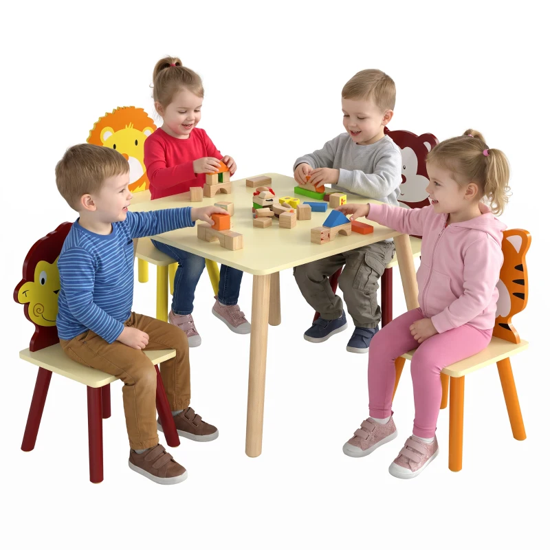 AIYAPLAY Conjunto Mesa para Criança com 4 Cadeiras 5 Peças em Madeira, Encosto em Forma de Animal, Cantos Arredondados, 3-8 Anos, Amarelo