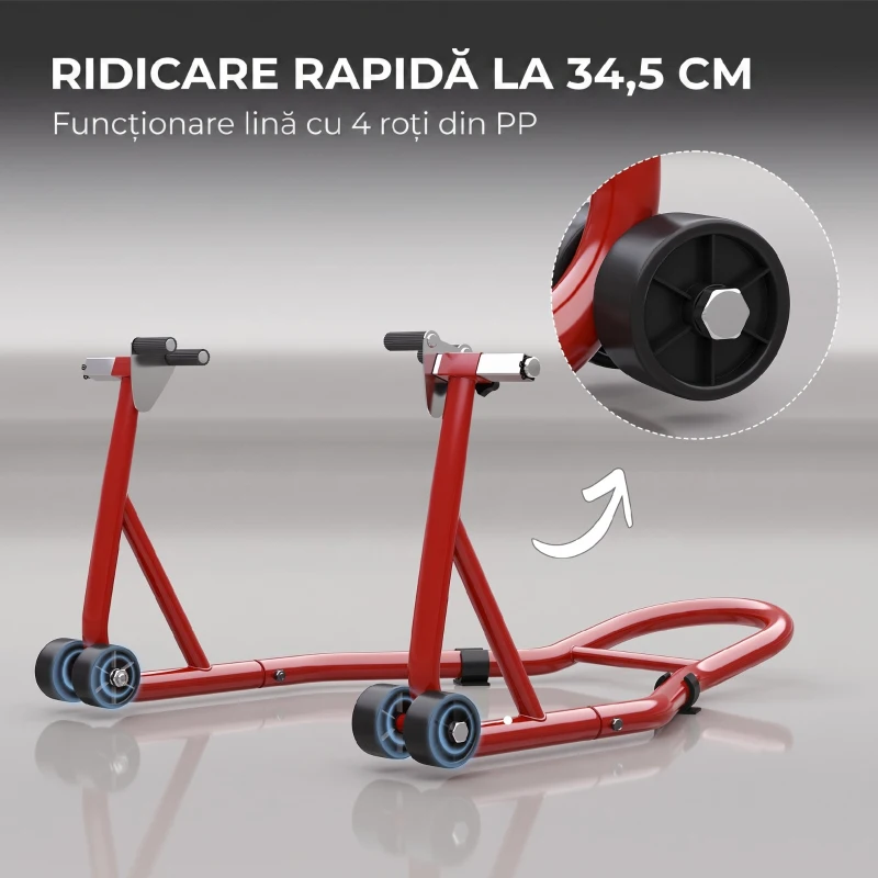 HOMCOM Stand Față pentru Motocicletă cu Protecții Antiderapante, Adaptoare Reglabile pentru Pini și Tip Furcă, 200 kg, pentru Anvelope de 18", 17" și 10"