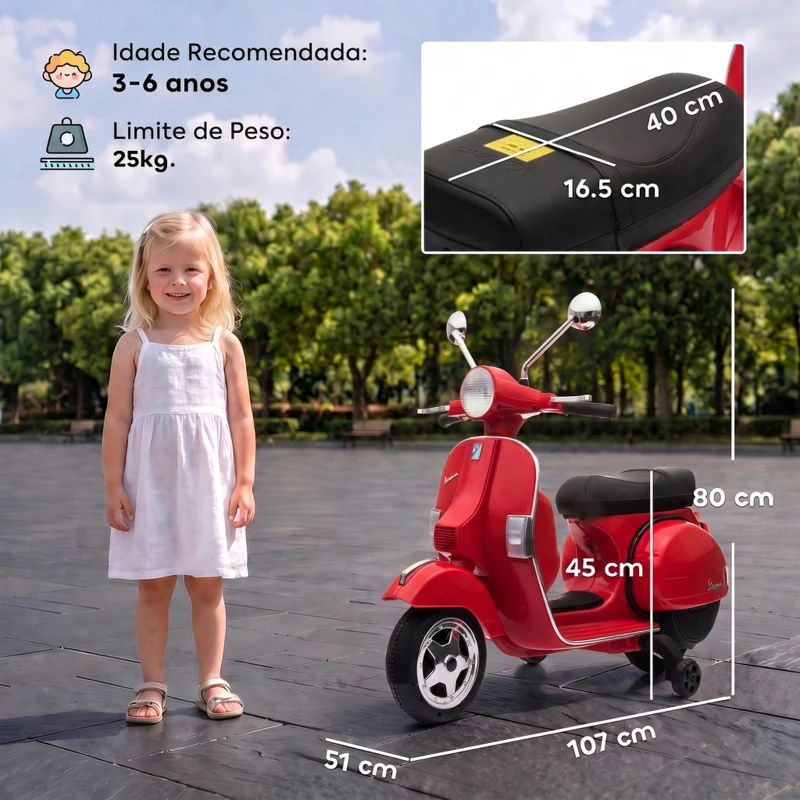 AIYAPLAY Mota Elétrica Infantil 12V Vespa PX150 com Rodinhas de Apoio, 2 Motores, Suspensão Traseira, Música e Luzes, 3 km/h, 3-6 Anos, Vermelha