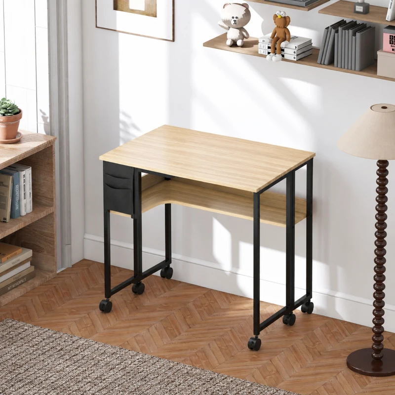 HOMCOM Bureau pliable sur roulettes 80 x 50 cm avec étagère et sac de rangement, chêne