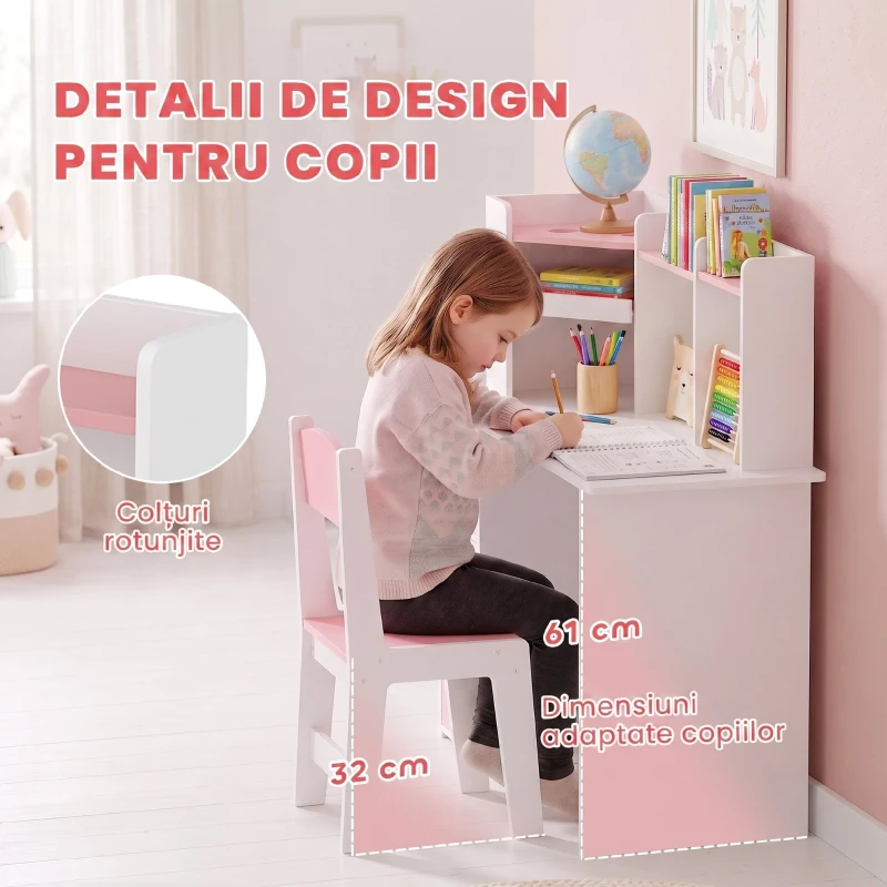 AIYAPLAY Set birou și scaun pentru copii 5-12 ani, cu bibliotecă, suport pentru creioane și suport reglabil pentru tabletă, roz