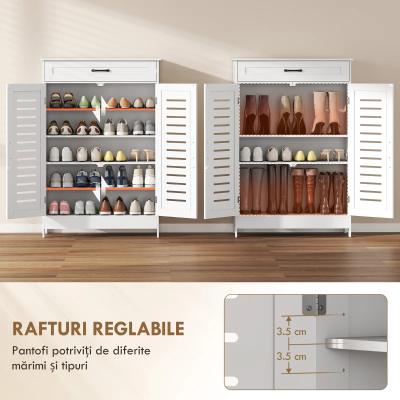 HOMCOM Pantofar pentru Hol cu 2 Uși cu Lamele, 5 Niveluri, Rafturi Reglabile, pentru 20 Perechi de Pantofi, 78x37x115,8 cm, Alb