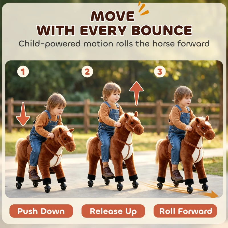 HOMCOM Plush Walking Horse Ride On Toy with Wheels and Realistic Sounds Rocking Horse for Girls Boys 2+ Years Old, 50cm Tall, Brown