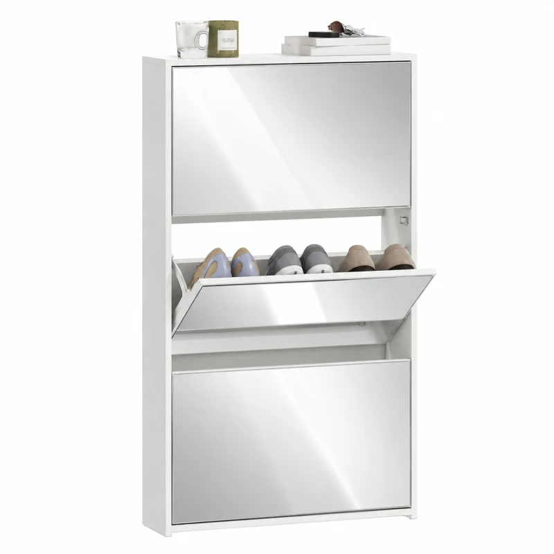 HOMCOM Scarpieră cu Oglindă și 3 Sertare Rabatabile pentru 9 Perechi de Pantofi, din Lemn, 65x17x114.5 cm, Alb