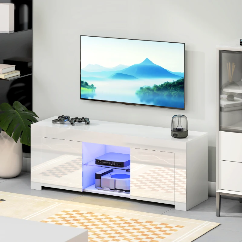 HOMCOM TV-Schrank mit LED-Beleuchtung, 2 Schranktüren, Glasregal, Kabellöcher, für Wohnzimmer, Spanplatte, Weiß