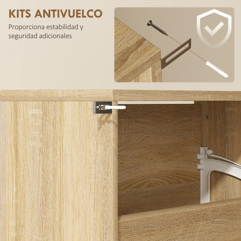 HOMCOM Zapatero Estrecho con Espejo y 4 Puertas Abatibles para 12  Pares de Zapatos 63x17x146 cm Natural