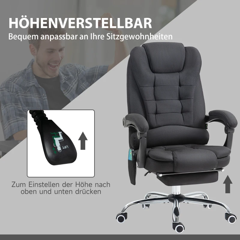 Vinsetto Bürostuhl mit Massagefunktion, Ergonomischer Schreibtischstuhl mit Liege- & Wärmefunktion, höhenverstellbar, Schwarz(m-6)