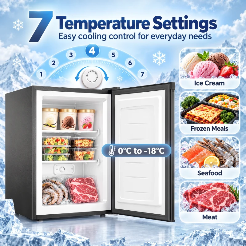 HOMCOM 85L Mini Freezer Countertop, Compact Freestanding Upright Freezer with Reversible Door, Removable Glass Shelves, Black