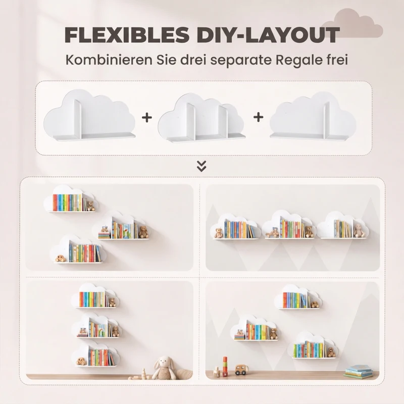 AIYAPLAY 3-delige wandboekenkast voor kinderen, 60 cm, zwevende Montessori boekenplanken in wolkvorm, wit, 3-8 jaar