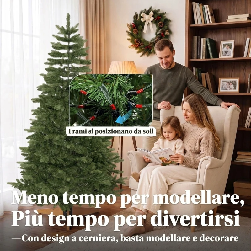 HOMCOM Albero di Natale Artificiale con 961 Rami 180 cm, Base Pieghevole in Legno e Metallo, Verde