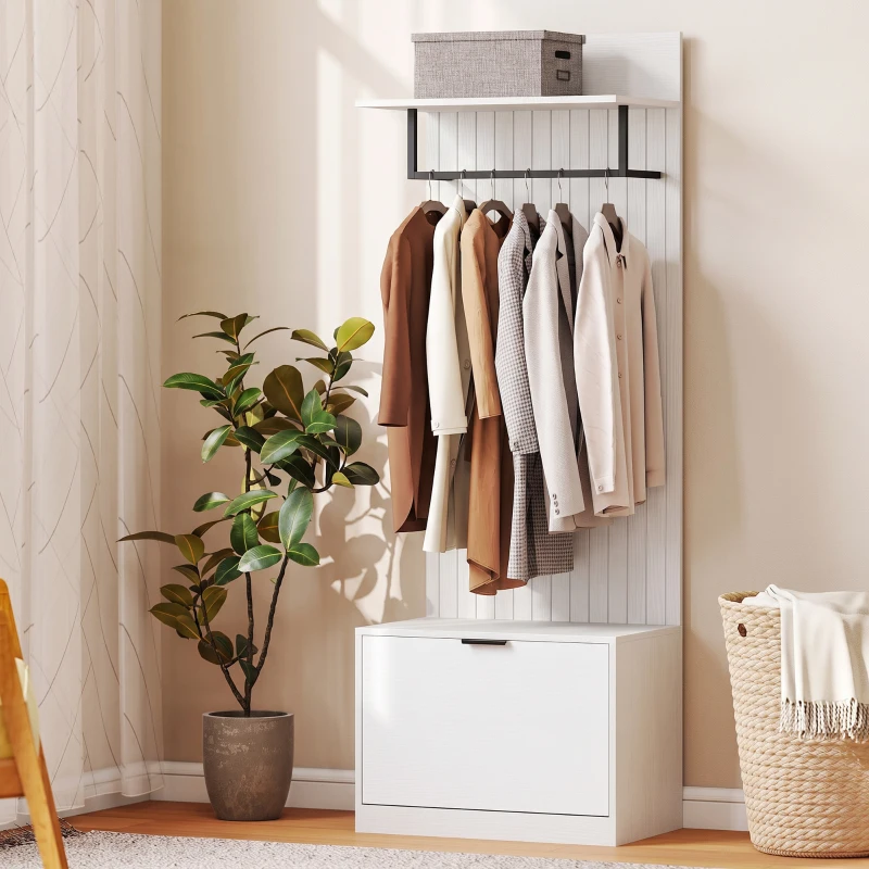 HOMCOM Cuier 5 în 1, Mobilier de Intrare, Banc pentru Pantofi, Sertar Rabatabil, Rafturi Reglabile, 4 Cârlige, Alb