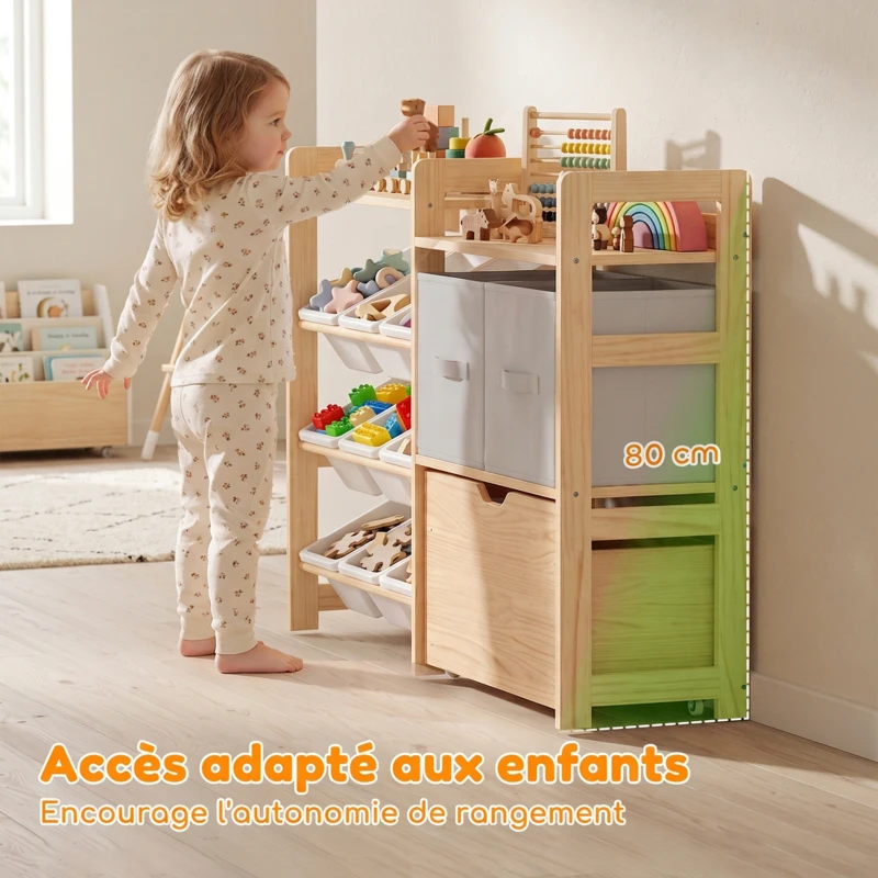 AIYAPLAY Meuble Rangement Enfant, Rangement Jouet Enfant, 9 Bacs, 2 Tiroirs Tissu, Tiroir en Bois sur Roulettes, Naturel et Blanc
