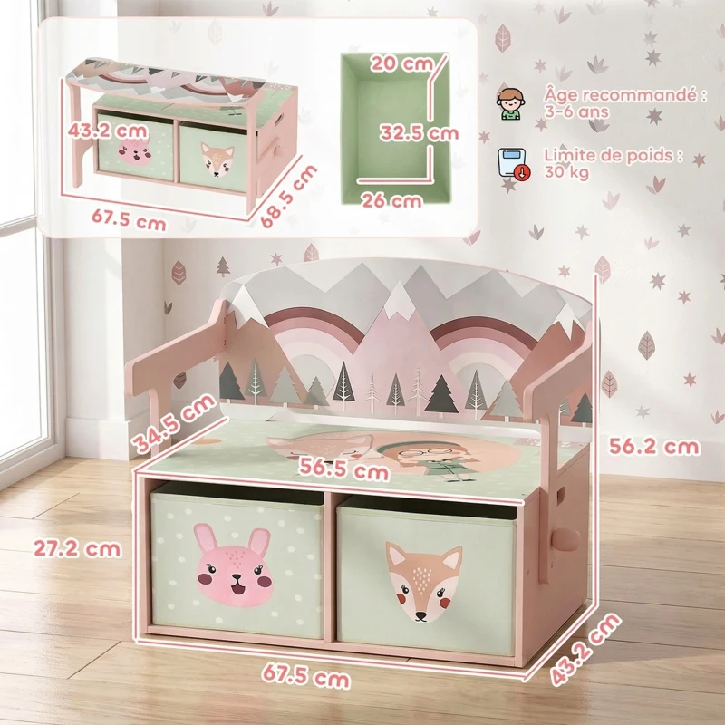 AIYAPLAY Coffre à Jouet Enfant 3 en 1, Ensemble Table et Chaises avec 2 Bacs en Tissu Amovibles et Poignée, 3-6 ans, Rose