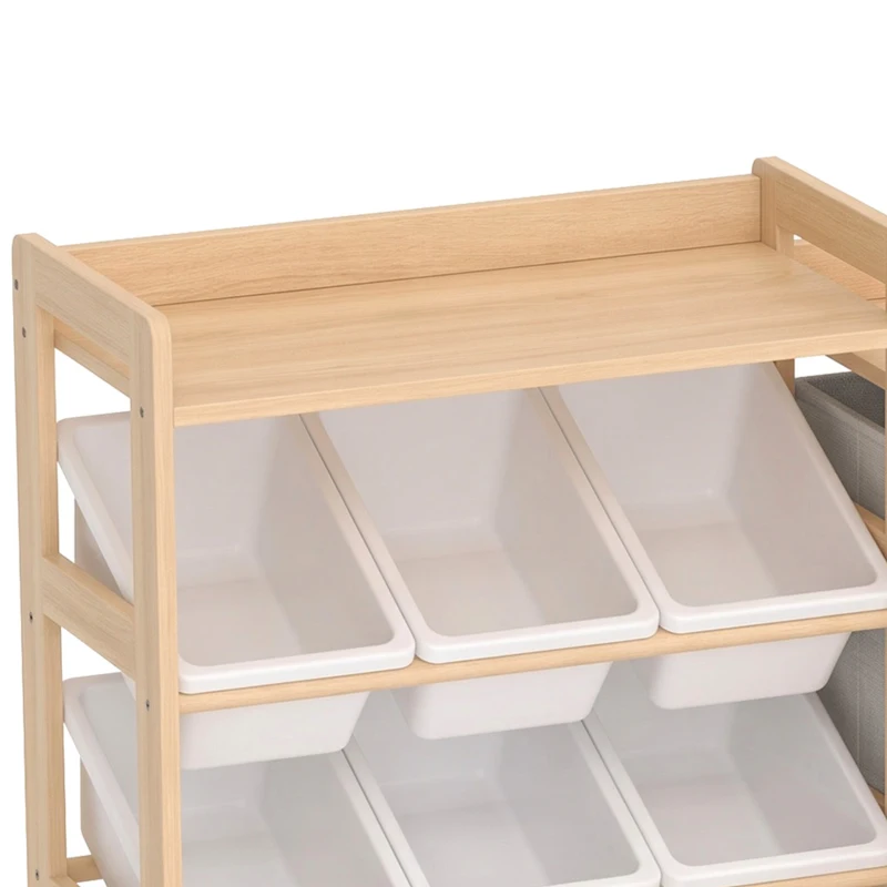 AIYAPLAY Meuble Rangement Enfant, Rangement Jouet Enfant, 9 Bacs, 2 Tiroirs Tissu, Tiroir en Bois sur Roulettes, Naturel et Blanc