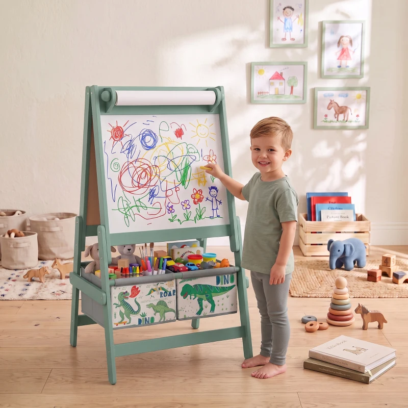 AIYAPLAY Art Easel for Kids, 3-in-1 Kids Easel with Chalkboard, Whiteboard, Paper Roll, Storage, Under-Board Shelf for 3-8, Green