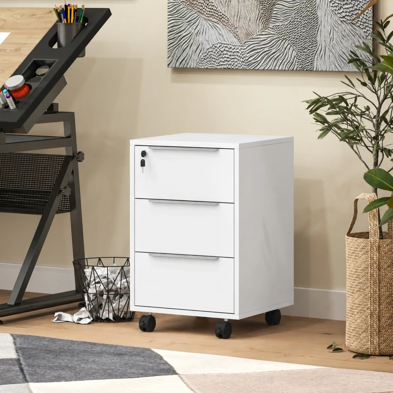 HOMCOM Caisson de bureau à roulettes avec 3 tiroirs et serrure pour dossiers 40 x 40 x 63,5 cm blanc