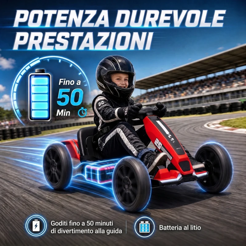 AIYAPLAY Go-Kart Elettrico per Bambini 3-6 Anni 12V con 2 Motori, Avvio Morbido, Sedile Regolabile e Luci LED, Rosso