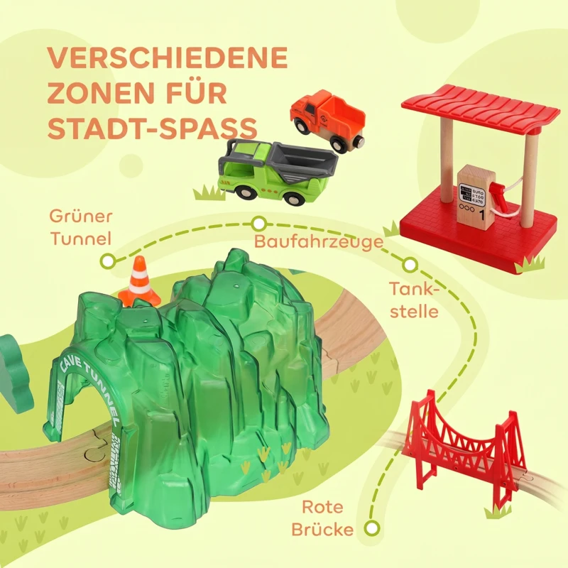 AIYAPLAY 91-delige houten treinset met kraan, treinen, bouwvoertuigen, rails en brug voor kinderen vanaf 3 jaar