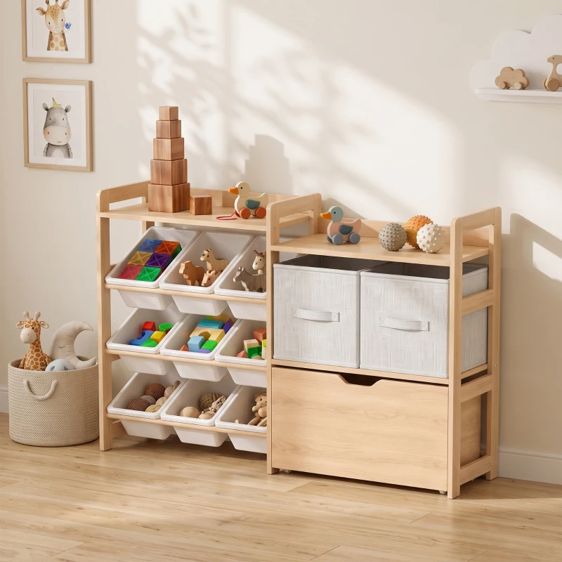 AIYAPLAY Meuble Rangement Enfant, Rangement Jouet Enfant, 9 Bacs, 2 Tiroirs Tissu, Tiroir en Bois sur Roulettes, Naturel et Blanc