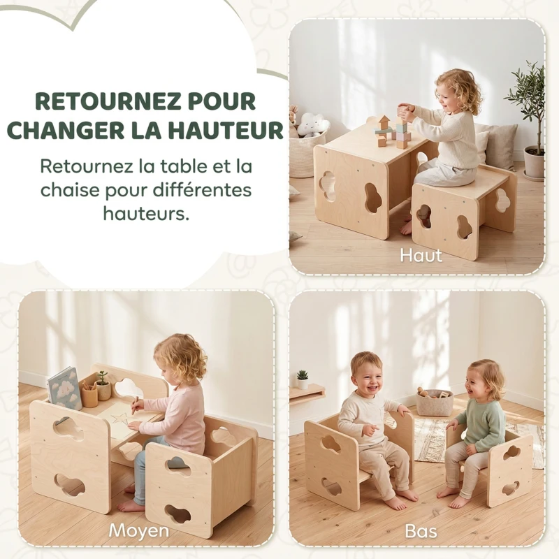 AIYAPLAY Ensemble Table et Chaise Enfant Réversible, Hauteurs Réglables, Poignées Nuage, 18-36 Mois, 38 x 36 x 33,5 cm, Naturel