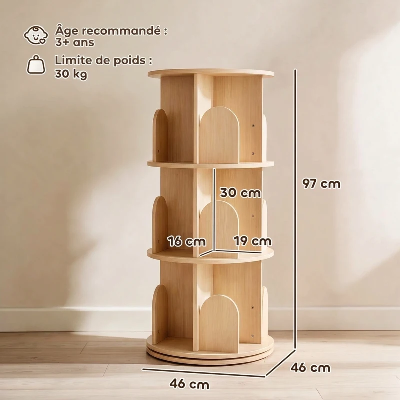 AIYAPLAY Bibliothèque Enfant Rotative 3 Niveaux, Meuble de Rangement Enfant en Bois pour Chambre, Salle de Jeu, Bois Naturel
