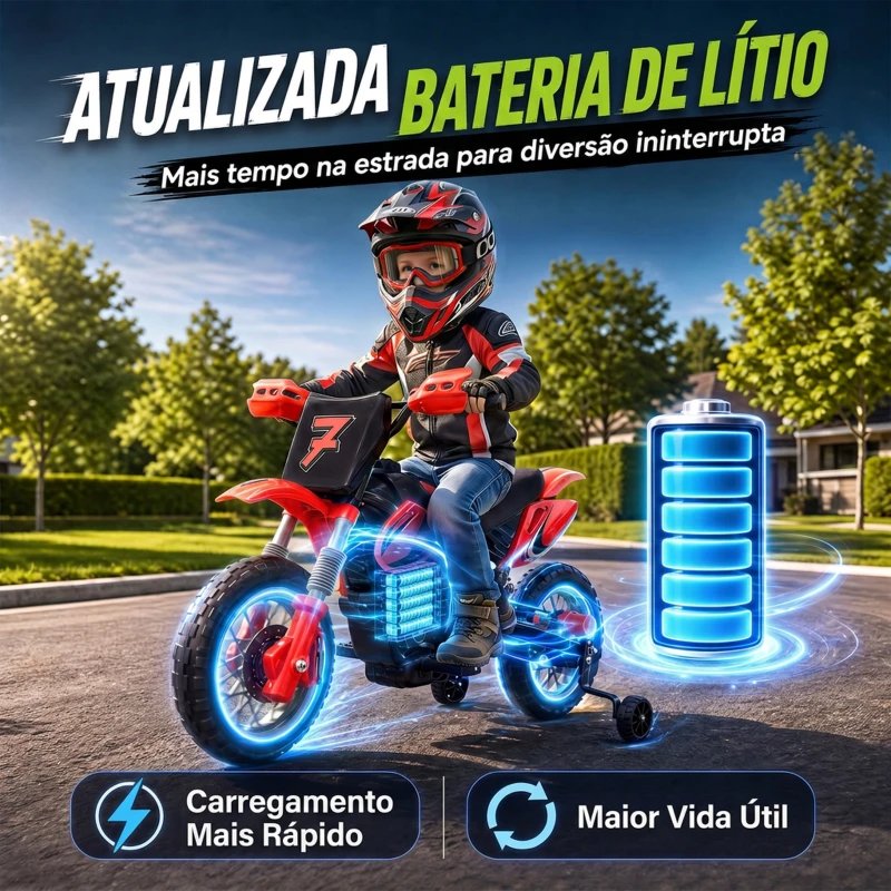 AIYAPLAY Mota Elétrica Infantil 12V com 2 Rodas Auxiliares Amovíveis, 2 Motores, Suspensão Traseira e Música, 3 km/h, Vermelho