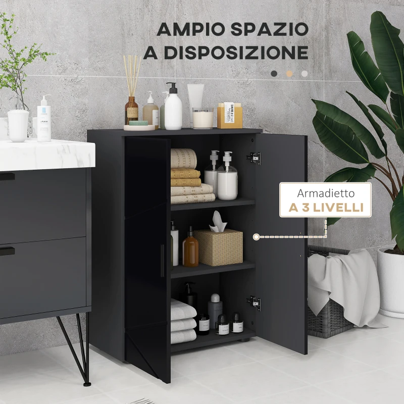 kleankin Mobiletto Bagno 2 Ante in Legno con 3 Ripiani e Chiusura Ammortizzata, 60x30x82cm, Nero Lucido