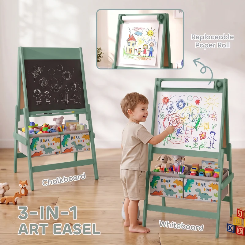 AIYAPLAY Art Easel for Kids, 3-in-1 Kids Easel with Chalkboard, Whiteboard, Paper Roll, Storage, Under-Board Shelf for 3-8, Green