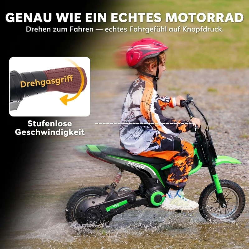 HOMCOM Elektro-Kindermotorrad, 24V Motor, einstellbare Geschwindigkeit, Musik & Lichter, Grün(m-4)