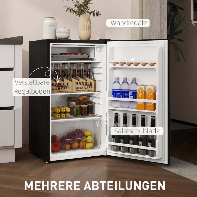 HOMCOM Mini-Kühlschrank, 91 Liter Kapazität, Gefrierfach, verstellbare Fächer, leiser Betrieb, kompakte Größe, Stahl, Schwarz