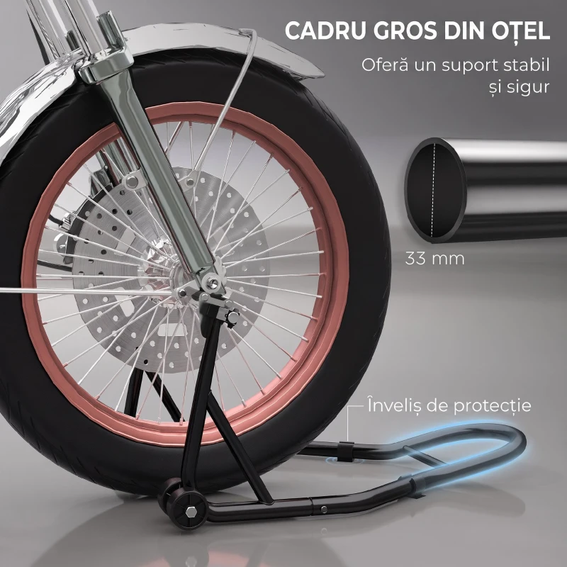 HOMCOM Stand Față pentru Motocicletă cu Protecții Antiderapante, Adaptoare Reglabile pentru Bolțuri și Tip Furcă, Capacitate 200 kg, pentru Anvelope de 18", 17" și 10"