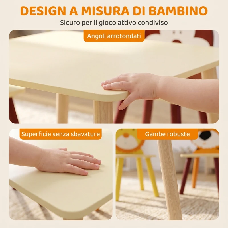 AIYAPLAY Set Tavolo e 4 Sedie per Bambini 3-8 Anni, Design di Animali, Gambe in Legno di Pino, per Cameretta, Giallo